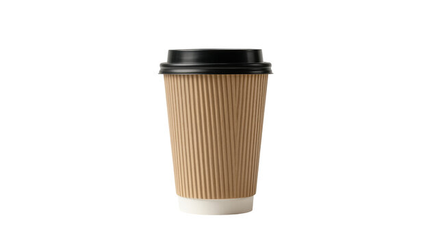 Corrugated brown paper coffee cup with black lid, isolated on transparent background