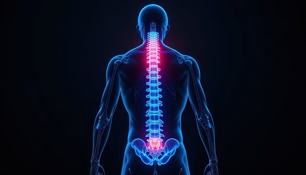 Human spine anatomy shows glowing areas of pain or inflammation in a digital visualization.