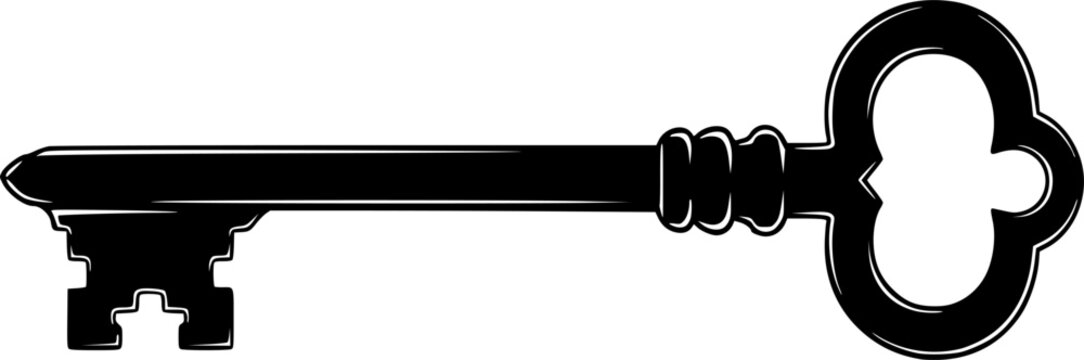 Black vintage skeleton key with ornate bow silhouette isolated on white background
