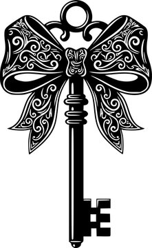 Black vintage skeleton key with ornate bow silhouette isolated on white background
