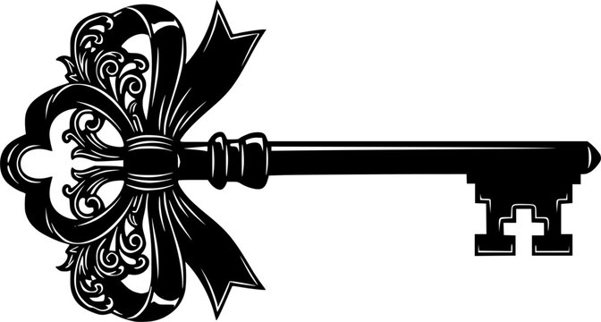 Black vintage skeleton key with ornate bow silhouette isolated on white background
