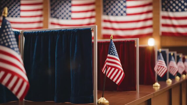 Voting booths with American flags for commercial advertising, marketing campaigns, and creative projects
