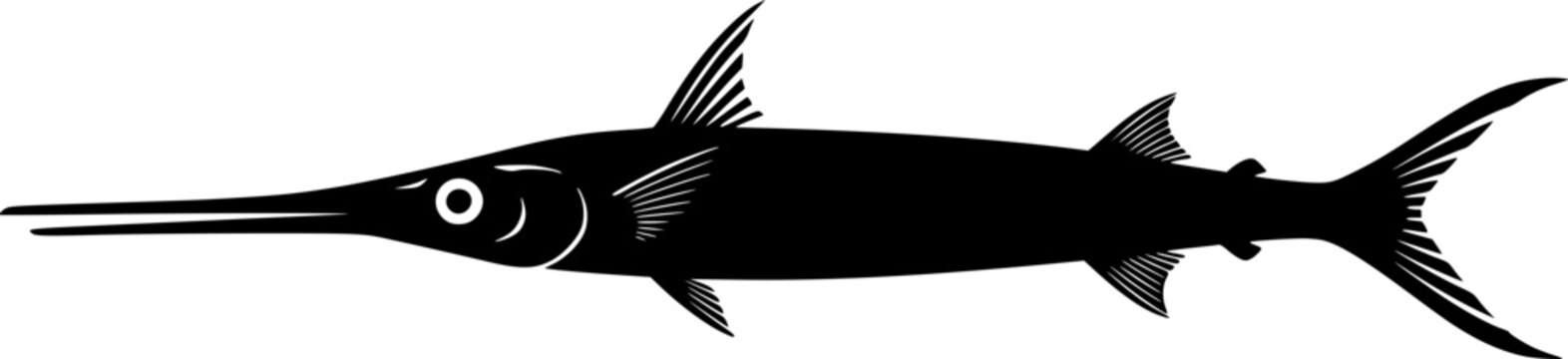 Black silhouette of a needlefish swimming isolated on white background
