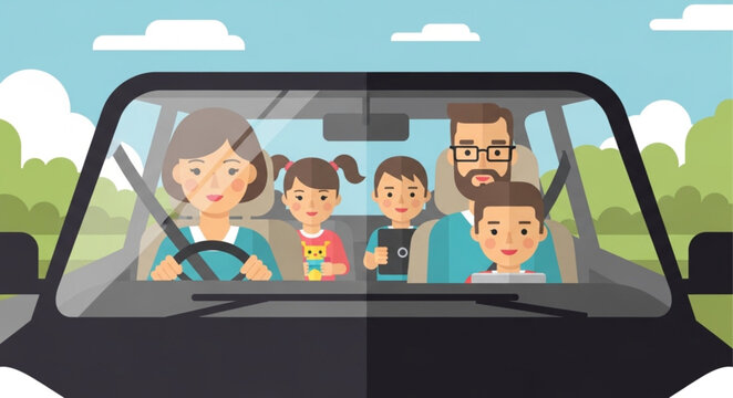 Happy family enjoying a road trip in their car.