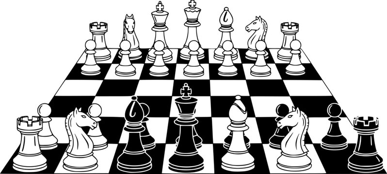 Black and white chessboard with pieces in flat vector style isolated on white background
