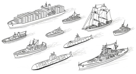 Obraz premium Collection of various ship types and vessels illustration.