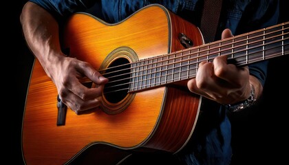 Obraz premium Close-up of a musician playing an acoustic guitar with focused hands.