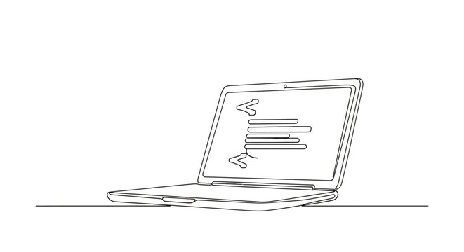 Laptop with code on screen, minimalist line art, technology concept