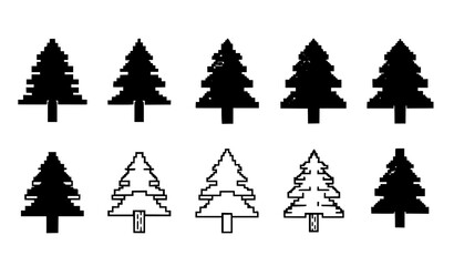 Fototapeta premium Set of pixel art style pine tree vector icons in black and white silhouette and outline design isolated on white background for graphic design projects