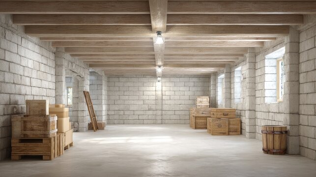 Spacious finished basement with concrete blocks and scattered wooden crates