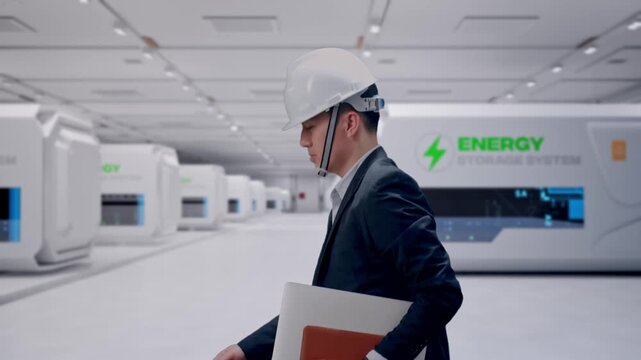 Side View of Asian Businessman Holding Computer While Walking at Modular Energy Storage Systems in a Clean Modern Data Center