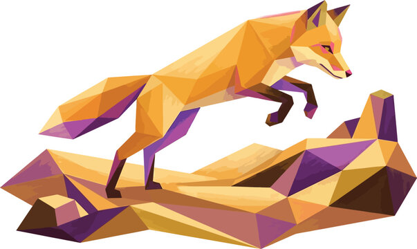 Low poly fox jumping on rocks colorful geometric illustration