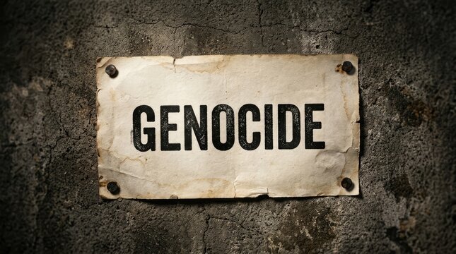 The word Genocide is prominently displayed on a distressed paper sign on a dark 