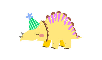 Cute yellow triceratops dinosaur wearing party hat for kids birthday celebration hand drawn jurassic reptile illustration for baby shower greeting card © Ilona