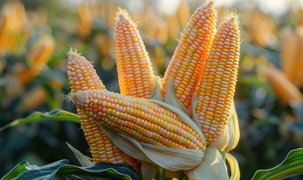 A close-up view of a bunch of ripe corn on the cob in a field