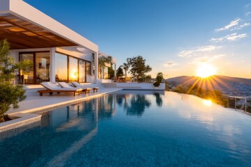 Fototapeta premium Luxury hillside villa with infinity pool blending into horizon at sunset