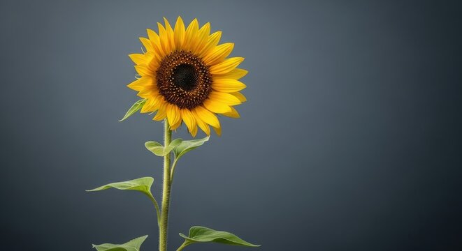 Vibrant sunflower with bright yellow petals and dark center on gray background, symbolizing warmth and happiness in nature