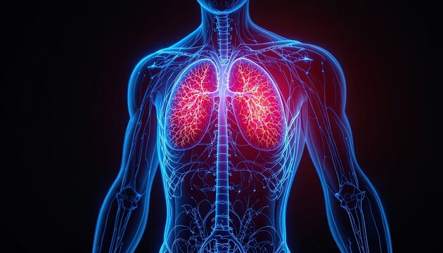 Human lungs are highlighted in glowing red within a digital outline of a body structure.
