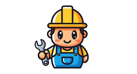 Fototapeta premium A funny cartoon builder mascot wearing a yellow safety helmet and industrial uniform, designed as a simple vector character illustration of a construction worker or engineer ready to build