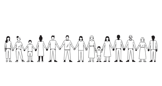 outlined a diverse line of people holding hands showing community unity, equality, solidarity, and support.