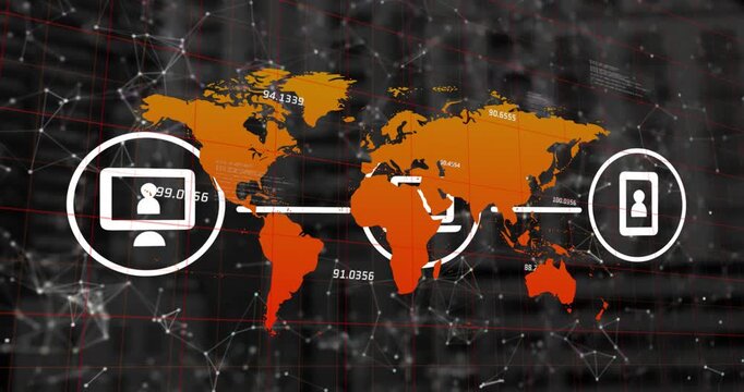 Animation of icons and circles over digital interface and data processing