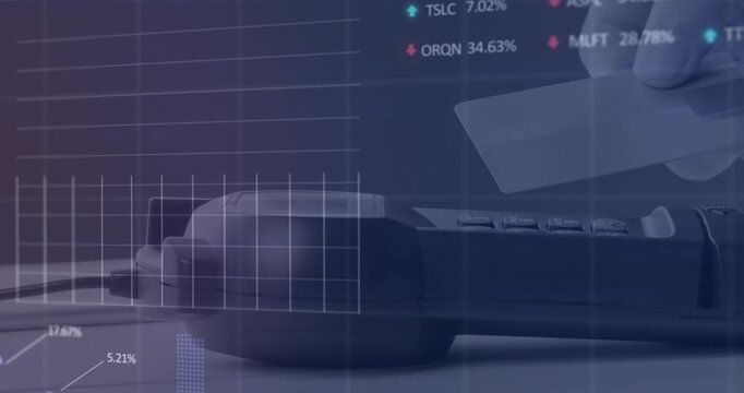 Animation of financial data processing over business people walking in office
