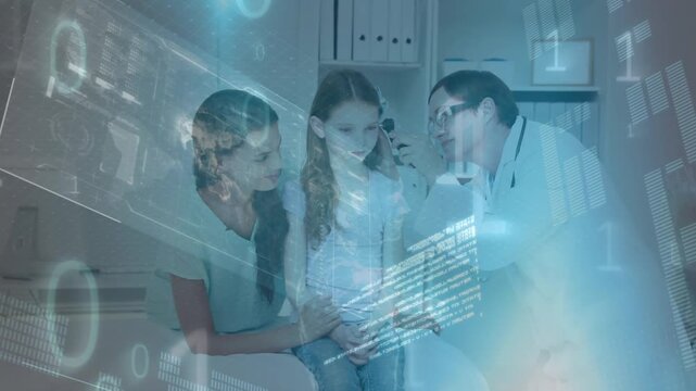 Animation of digital interface over two caucasian doctors with little patient