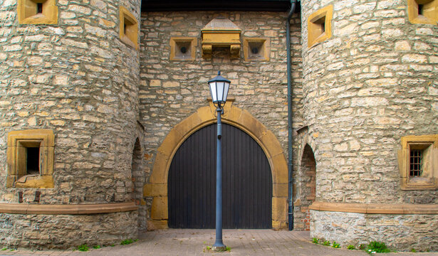 A streetlight in front of the medieval city walls in Bad Friedrichshall, southern Germany
