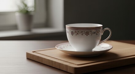 Obraz premium Elegant white teacup with floral design on a wooden board