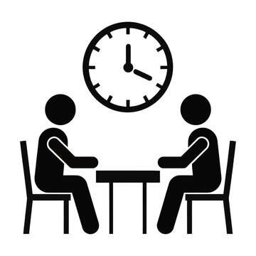 Two people sitting at a table with a large clock vector above them in a minimalist setting