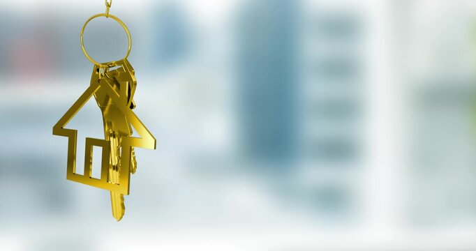 Animation of gold house key fob and key dangling over out of focus interiors with copy space