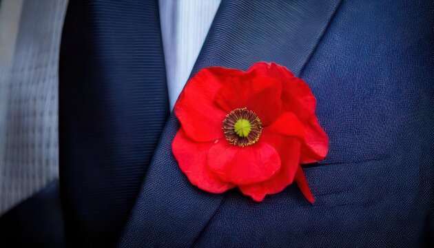 Close-up of a red poppy on a blue suit lapel.