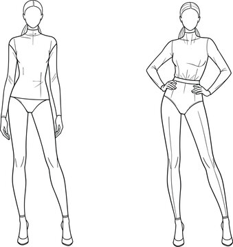 Female fashion model technical sketch in bodysuit and long sleeve top for apparel design development and garment tech pack vector illustration.
