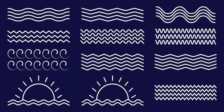 Wave line vector set. Sea water, swimming pool wavy, ocean storm collection. Zigzag lines concept. Editable stroke. Vector illustration.