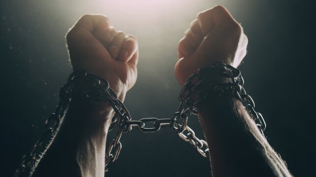 Close up of hands breaking chain, strong tension, dramatic lighting, minimal background, high detail, concept of freedom and overcoming limitations