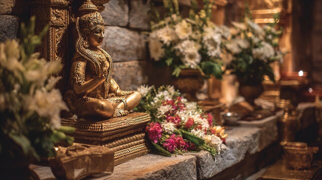 deity. Golden idol statue on a stone pedestal with fresh flowers and offerings in warm light. event programs, museum guides, designed for cultural heritage projects and event programs.