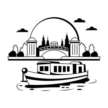 A glyph illustration shows a barge sailing on a river under a bridge in a cityscape

