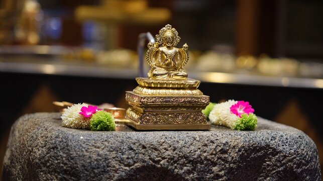 deity. Golden idol statue on a stone pedestal with fresh flowers and offerings in warm light. event programs, museum guides, designed for cultural heritage projects and event programs.