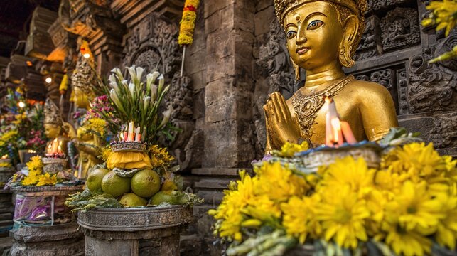 deity. Golden idol statue on a stone pedestal with fresh flowers and offerings in warm light. event programs, museum guides, designed for cultural heritage projects and event programs.