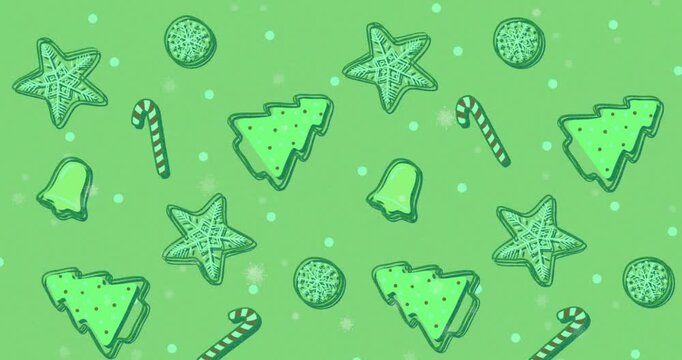 Animation of green christmas pattern with cookies and candies
