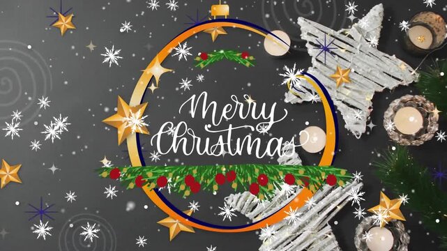 Animation of merry christmas over stars, snowflakes and christmas decorations