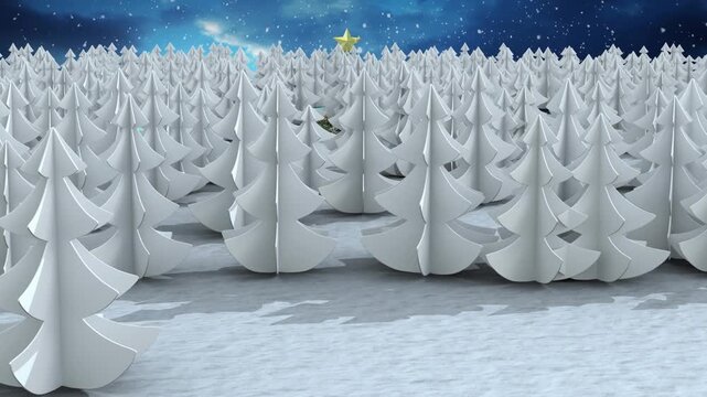 Animation of snow falling over multiple trees on winter landscape against night sky