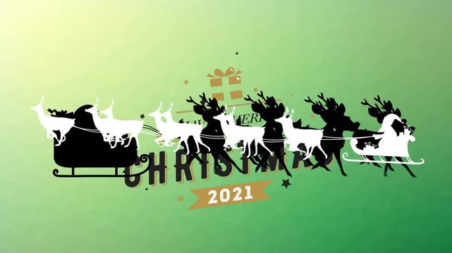 Animated Santa and reindeer with "Merry Christmas 2021" text on green and black backgrounds.