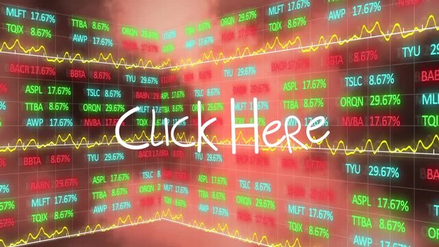 Animation of click here text, statistics and financial data processing