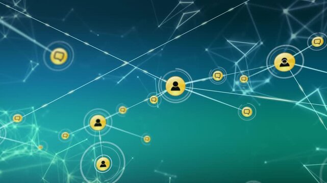 Animation of network of profile icons over plexus networks against green gradient background