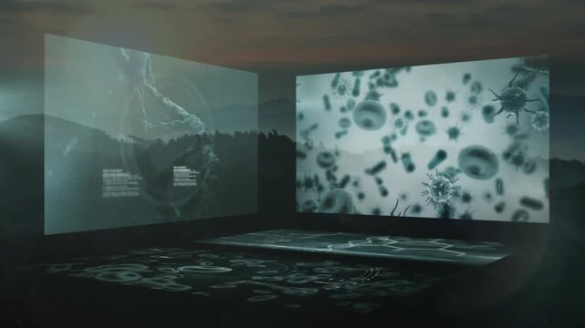 The view of the landscape is beautiful, with mountains and a sunset