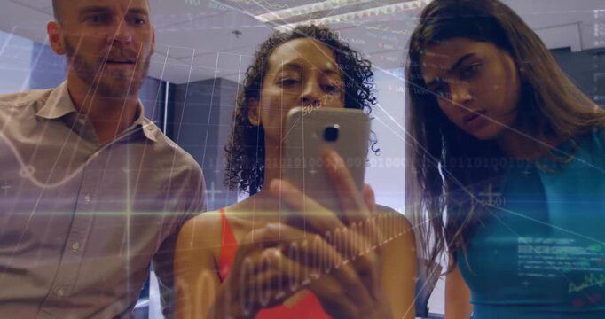 Animation of stock market data processing over three diverse colleagues discussing over a smartphone
