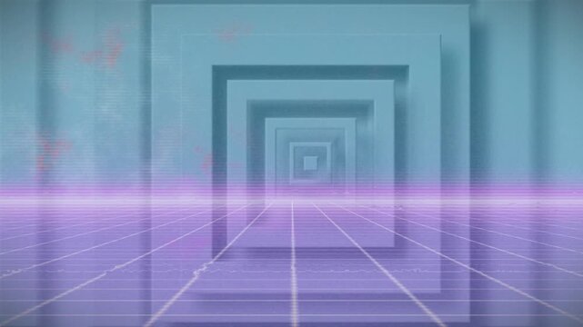 Animation of illuminated purple grid pattern moving over square shaped background
