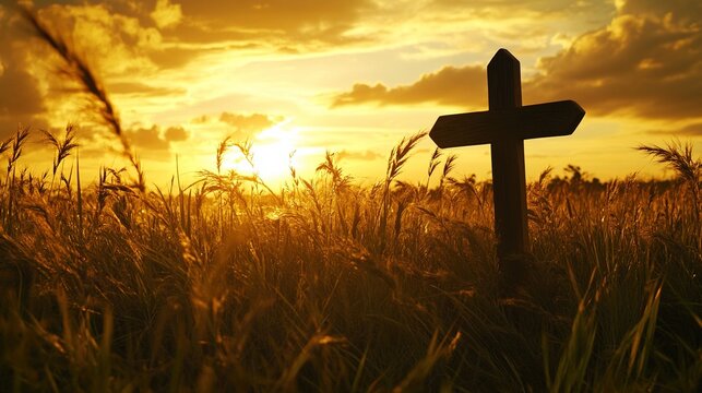 cross. Wooden cross stands tall in a golden field, bathed in the warm glow of sunrise. event programs, museum guides, designed for cultural heritage projects and event programs, supports education.