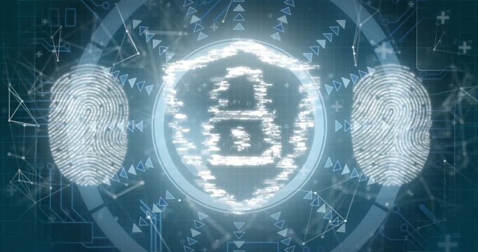 Animation of security padlock icon and biometric fingerprint scanner against round scanner
